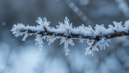 Obraz premium Frosted Branch: A close-up view of a slender branch delicately adorned with intricate, crystallized ice formations, capturing the ethereal beauty of winter and nature's artistry.