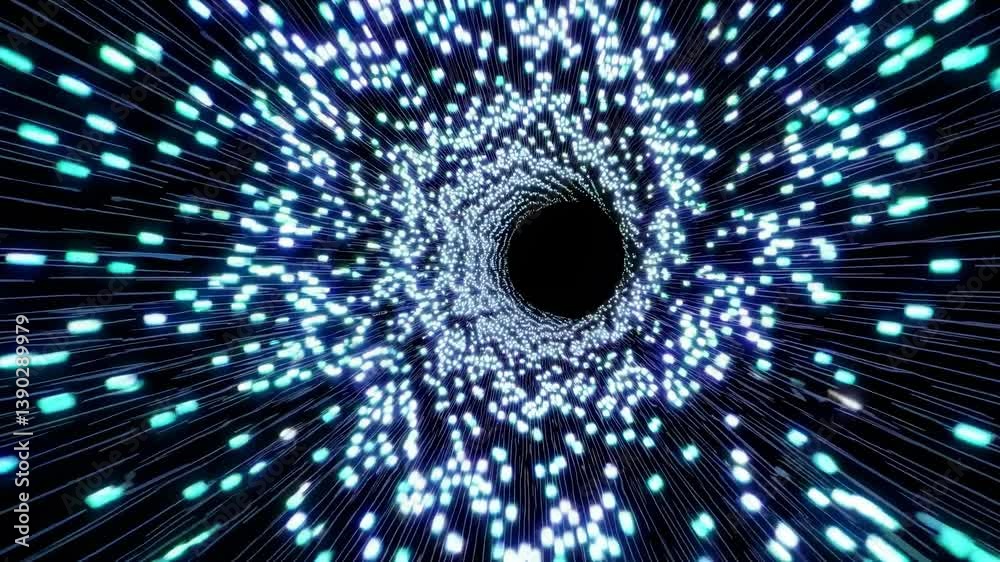 Poster bright, glowing particles converging to form a mesmerizing tunnel in space create an enchanting visu