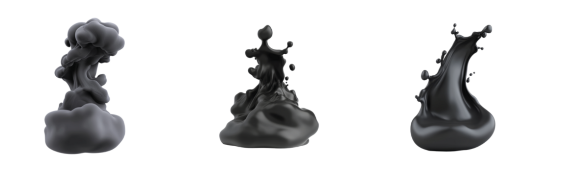 Black ink splashes in various dynamic shapes 