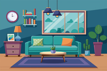 A cartoon illustration depicting a living room interior with a teal sofa, two pillows, a coffee table, potted plants, bookshelves, and a window.