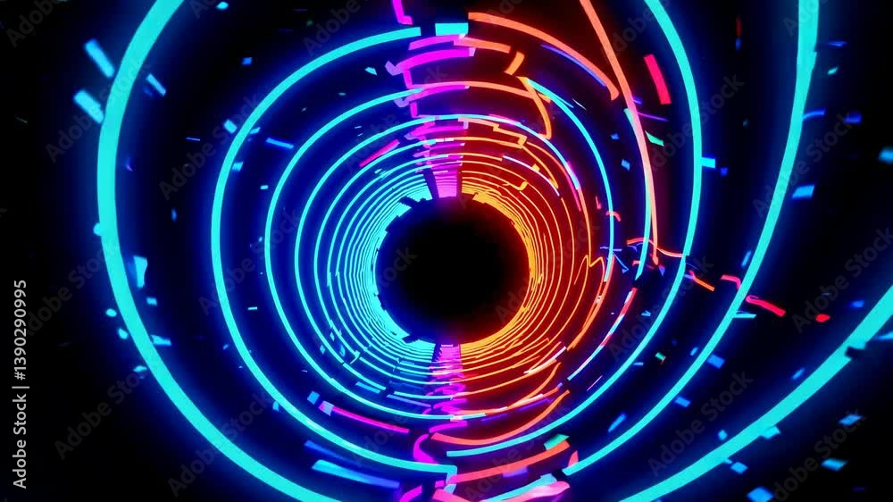 Poster neon lights are swirling around, creating a vibrant tunnel effect with colorful particles exploding 