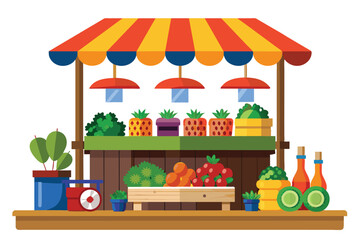 An illustration of a brightly colored fruit and vegetable stand with a striped awning, offering various fresh produce.