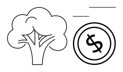 Tree and dollar coin design symbolizes sustainable economy, environmental conservation, eco-finance, and green business initiatives. Ideal for economics, growth, sustainability, ecology, environment