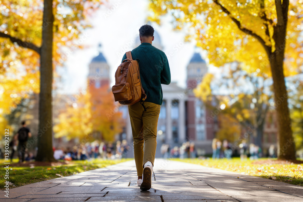 Poster a man walking on a path carrying a backpack, wearing a green jacket and khaki pants, with trees in a