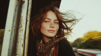 Fototapeta premium Joyful woman with flowing hair embraces freedom while riding mov