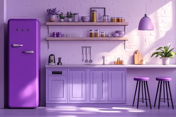 Modern Purple Kitchen with Contemporary Cabinets and Shelves - Elegant Home Interior Design Featuring Trendy Decor and Functional Appliances