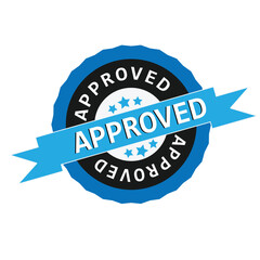 Blue and Black Approval Badge Vector – Retro Style Seal with Ribbon and Star Icons