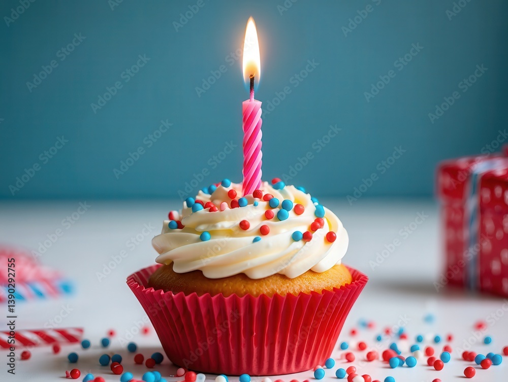 Poster a birthday cupcake with white frosting and colorful sprinkles on top of it, sitting on a table with 