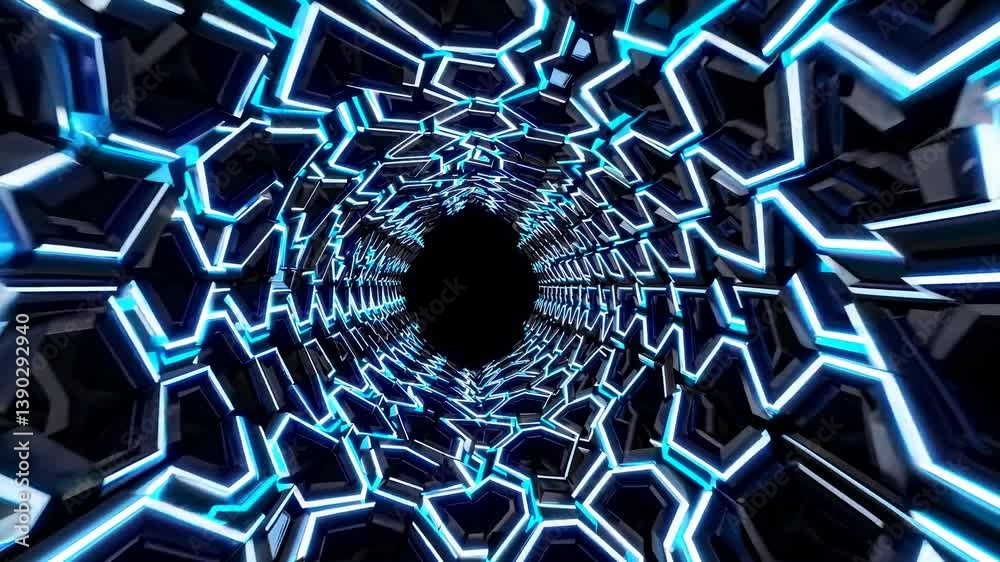 Wall mural futuristic tunnel transforming into a digital hexagonal mesh with glowing blue neon lights creating 