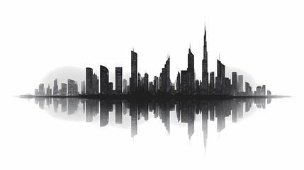 Fototapeta premium Panoramic Urban Cityscape Silhouette: Modern Black and White Skyline Reflection in Contemporary Art