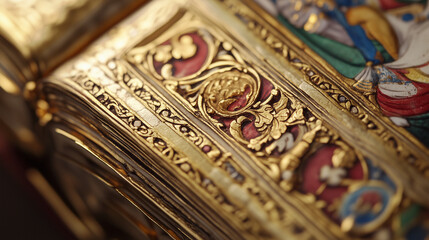 Macro shot of a gilded Latin manuscript page, decorated with delicate hand-painted illustrations and gold leaf.