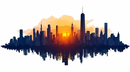 City Skyline at Sunset: Vibrant Urban Landscape with Silhouette Reflections and Skyscrapers in Evening Light