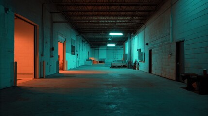 Fototapeta premium Interior photo of an empty warehouse, at night, teal and orange color palette.