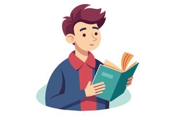 A cartoon illustration of a young man with brown hair, a red shirt, and a blue jacket, reading a green book with an open expression.