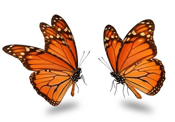 Monarch butterflies with vibrant orange wings and black veins, flying in a detailed, symmetrical pose on a white background, symbolizing migration and metamorphosis.