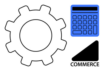 Gear, calculator, and commerce symbol showcasing collaboration of mechanics, finance, and trade. Ideal for business, finance, economy productivity trade operations and strategy. Flat simple