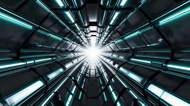 Futuristic metallic corridor with glowing teal lights embedded in its geometric paneling converges towards a bright exit, creating a sense of depth and technological advancement