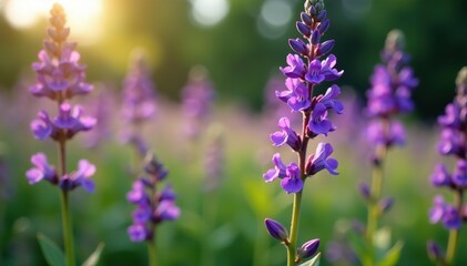 Obraz premium Purple flowers in full bloom on a herbaceous plant stem, showcasing the vibrant colors of European flora, herbaceous, nature