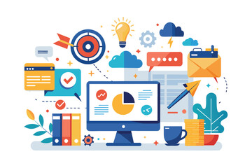 A digital illustration of a modern desktop with various icons related to data analysis, marketing, and communication.