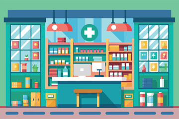 A modern pharmacy interior with stocked shelves, a counter, and a computer.