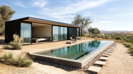 Obraz premium Modern architectural house design in serene desert landscape with pool and minimalist decor, showcasing tranquility and harmony with nature