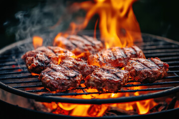 Burning flames dance around skewers of marinated meat on a sizzling grill, creating a mouthwatering scene of outdoor cooking.
