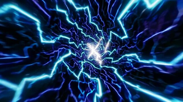 Bright, swirling, blue and white wormhole vortex is covered with lightning and is leading to another dimension, time travel and hyperspace jump concept