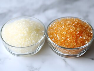 Closeup of White and Brown Sugar Crystals in Glass Bowls