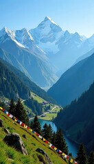 Majestic snow-capped peaks of the Himalayas casting stunning shadows over lush green valleys and vibrant prayer flags in Bhutan,  valleys, Bhutan