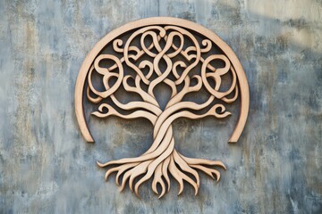 A tree of life symbol with intertwining roots and branches in neutral colors,