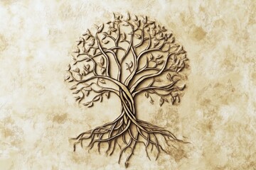 A tree of life symbol with intertwining roots and branches in neutral colors,