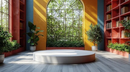 A pristine white circular podium positioned within a sophisticated setting of bookshelves and lush greenery, crafting an elegant ambiance ideal for product launches or literary gatherings. 