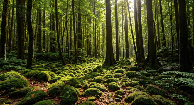 green forest in the morning  , a lush rain forest and dense canopy
