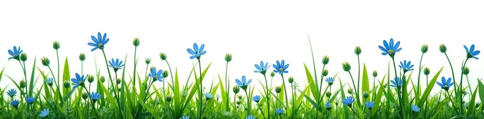 Many stems with little blue flowers and leaves in bunch of meadow grass and separately on white background,  garden,  white background