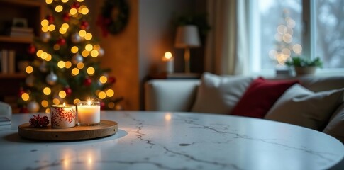 Marble table top with warm living room decor, Christmas tree string lights, snow, Holiday backdrop, Mock up banner,  banner,  interior