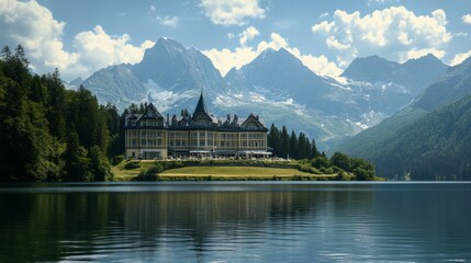 Fototapeta premium a single hotel in the alps in summer shot from a great distance across a lake 