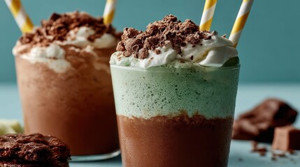 Two enticing milkshakes layered with mint and chocolate, garnished with whipped cream and chocolate shavings, perfect for parties and celebrations in a colorful setting.