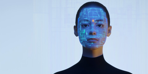 Digital Face Recognition: A futuristic, captivating image features a woman, her face overlaid with an intricate, glowing digital grid, suggesting advanced facial recognition technology