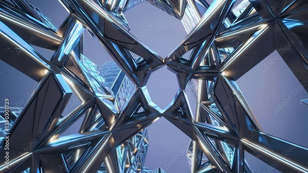 Poster complex metallic structure with triangular shapes and glowing edges creates a futuristic and abstrac