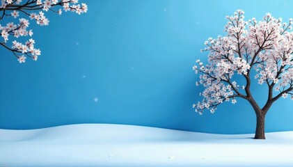 Vast snowy landscape, blue wall, delicate white blossoms , image, floral wallpaper, white