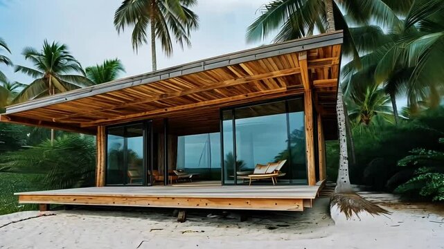 Tropical Wooden Beach Bungalow with Palm Trees