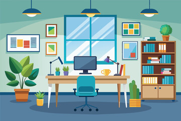 A modern home office workspace with a desk, computer, chair, and a bookshelf filled with books. The room features a large window, potted plants, and colorful artwork.