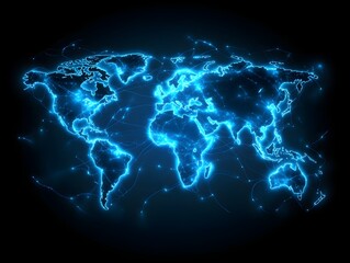 Abstract blue glowing global network concept with light connections around the world on a dark background