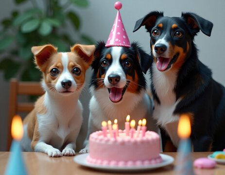 Tres adorables perritos posan para la foto en su celebraci&oacute;n con velas, pastel y mucha alegr&iacute;a.