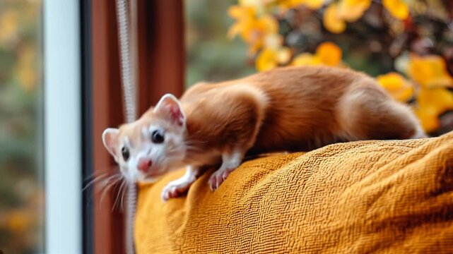 Single Ferret Exploring Living Room in Curious Motion. Suitable for marketing or business purposes