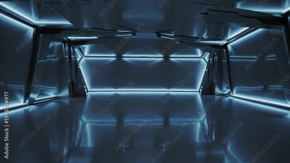 Wall mural futuristic metallic corridor with blue neon lights illuminating empty space and shiny floor reflecti
