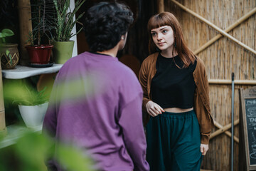 A casual conversation between two friends in a cozy, plant-filled setting. The atmosphere is...