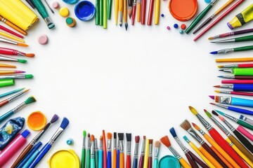 Vibrant arrangement of colorful art supplies in a creative workspace ready for inspiration and artistic expression