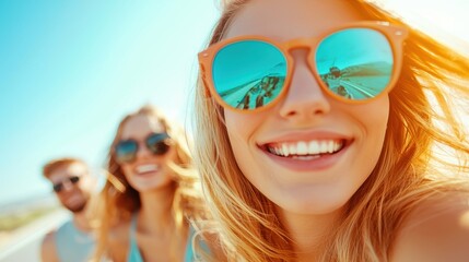 Togetherness Friends taking a group selfie on a road trip, capturing unforgettable memories.