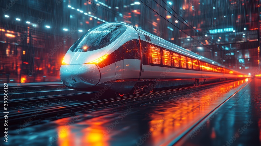 Fototapete a smart train moves swiftly along tracks in a neon lit city during rain, showcasing advanced design 